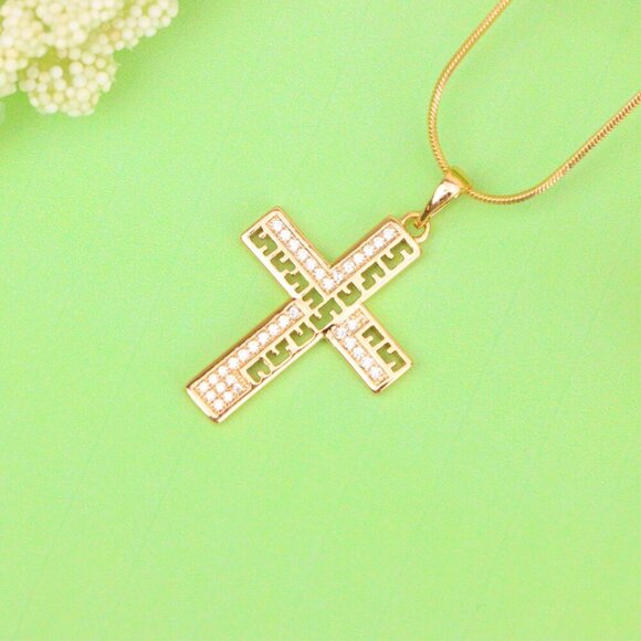 "Rose Gold Cross Pendant with Greek Key Design and Sparkling Stones, XPPT1610 - Picture 2 of 13